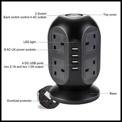 8 Way Tower Power Extension Lead With USB 3M UK Plug Multi Socket Surge Protect • £19.30