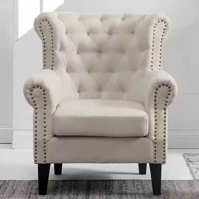 Chesterfield Linen Fabric Queen Anne Armchair Curved Back Wingback Lounge Sofa • £199.95