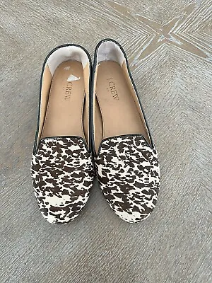 J CREW Womens Calf Hair Leather Loafers 7.5 Leopard Print Slip On Flats Shoes • $29