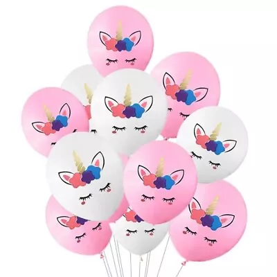 10pcs Unicorn Pink White Print Cute Latex Balloons Assorted Girls Birthday Party • £2.99