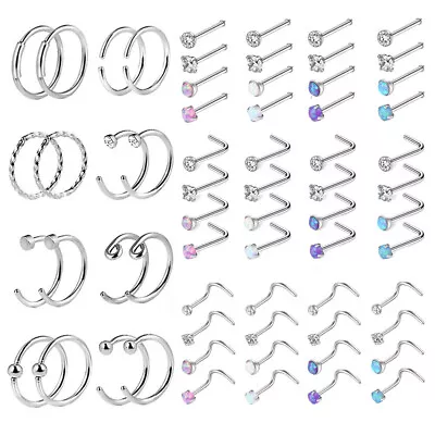 2-64Pcs Opal/CZ Nose Hoop Rings 20G 316L Steel Nose Pin L Screw Bone Studs Kit • $0.99