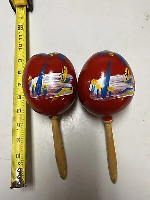 2 Vintage Red Spanish Wooden Maracas Hand PAINTED TREE OCEAN Shakers/Percussion • $14.99