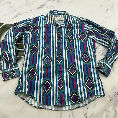 Longhorn Mens Vintage Western Shirt Size 16.5 35 Blue Purple Cowboy Button Up • $18.99