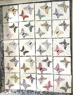 Vintage LOT 20 BUTTERFLY Hand Applique Embroidered Quilt Muslin Blocks • $36