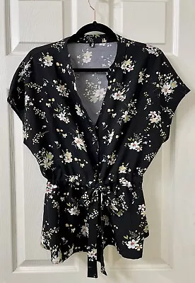 Cici Bird Size L Shirt- Floral Mandarin Collar V-Neck Short Sleeve Tie Waist Top • $15.99