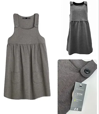 Girls Grey School Pinafore Dress Peacocks Pocket Strap Jersey Ponte Uniform NEW • £5.95