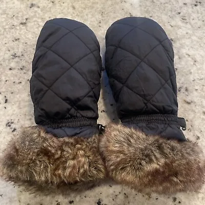 Eddie Bauer Womens Goose Down Gloves Mittens Black Quilted Faux Fur S/M • $24.95