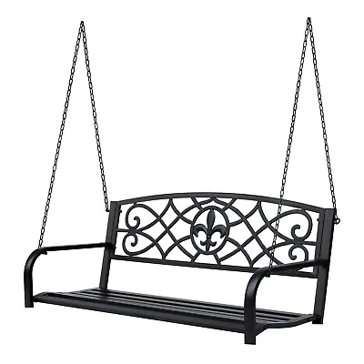 Outsunny Outdoor Steel Fleur-De-Lis Porch Swing Garden Hanging Bench Black • £86.99