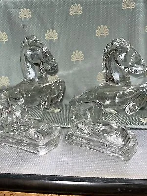 L. E. Smith Rearing Horse Bookends 8” Clear Heavy Glass Set Of 2 • $40