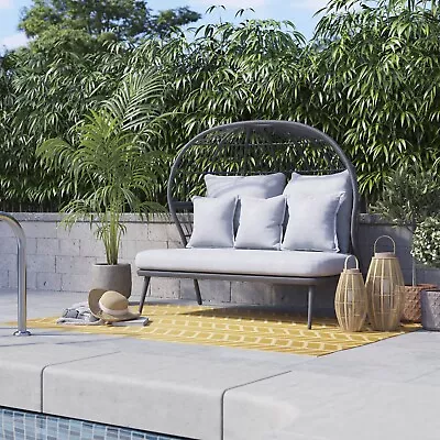 Rattan Garden 2 Seater Sofa Furniture Day Bed Patio Outdoor Alumin Grey Cushions • £169.99