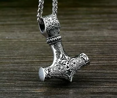 Viking Mjolnir Thor's Hammer Pendant Norse Celtic Stainless Steel Necklace • £5.99