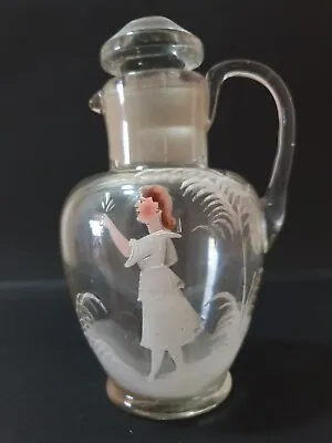 💧Vintage Mary Gregory Etched Vinegar Jug W Stylized White Enamel - 1856-1908 • $80