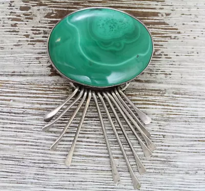 Vintage Malachite Sterling Silver Pendant 925 Natural Stone Southwest Retro • $54.40