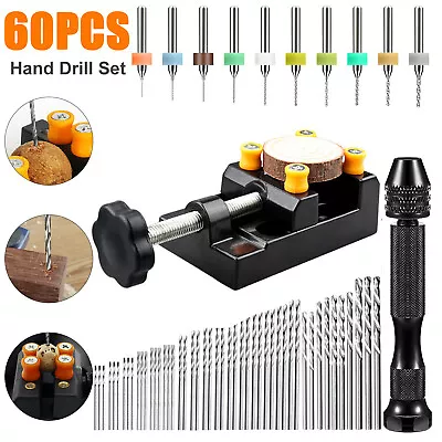 60Pc Mini Micro Hand Drill Bits Set Small Manual Chuck Pin Bench Vise Rotary Kit • $18.95