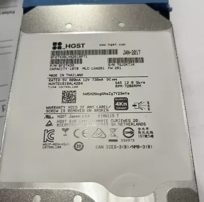 HGST 10TB 7.2K 12Gbps 256MB 3.5  SAS HDD HUH721010AL4204 Hard Disk Drive SAS • £69.55