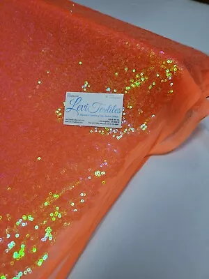 Iridescent Neon Orange Glitz Sequin Fabric / 3mm Sequin On Poly Mesh - Sold BTY • $13.99