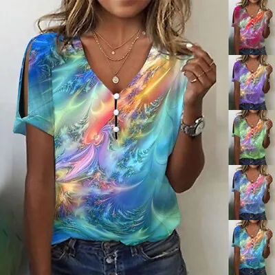 $27.52 • Buy Ladies T Shirt Short Sleeve Summer Tops Women Bohemian V Neck Dailywear Pullover