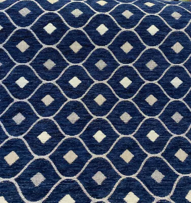 Mercedes Blue Navy Damask Diamond Chenille Upholstery Fabric By The Yard • $19.95