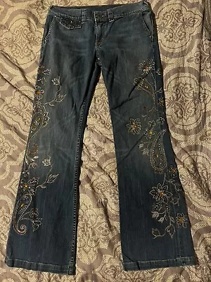 X2 Denim Laboratory Womens 29 (Sz8) Blue Stretch Flare Leg Embellished Jeans • $13