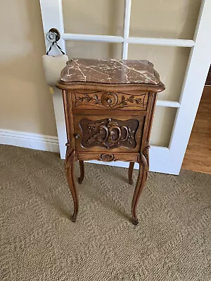 Antique French Carved Marble Top Walnut End Side Stand Table Nightstand • $785