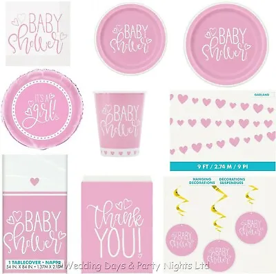 Girls Baby Shower Pink + White Heart Tableware Party Supplies Decorations • £3.48