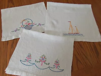 Real Vintage Linen Kitchen Towels Embroidered Lot Of 3 Towels Hemstitched • $12.99