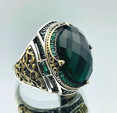 Mens Zircon Emerald Stone 925 Sterling Silver Ring Gift For Him Handmade Turkish • $72