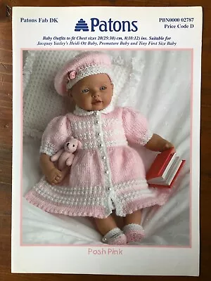 Patons 2787 Knitting Pattern Doll & Prem Baby Outfit 'Posh Pink' Jacquay Yaxley • £2.75