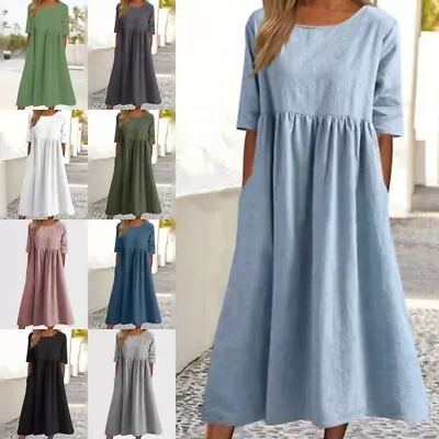 Womens Short Sleeve Plain Midi Dress Ladies Casual Baggy Pleated Swing Dresses • £13.99