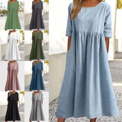 £13.99 • Buy Womens Short Sleeve Pleated Midi Dress Ladies Casual Baggy Solid Swing Dresses