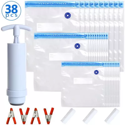 38Pcs Food Saver Vacuum Seal Storage Bags With Hand Pump Sous Vide Reusable • £15.99