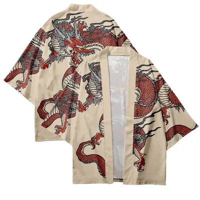 Men 3/4 Sleeve Japanese Kimono Cardigan Outwear Yukata Dragon Pattern Coat Top • £27.23