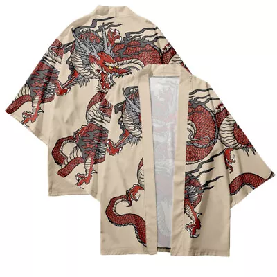 Men Japanese Kimono Cardigan Coat Yukata Dragon Pattern 3/4 Sleeve Outwear Retro • £25.19