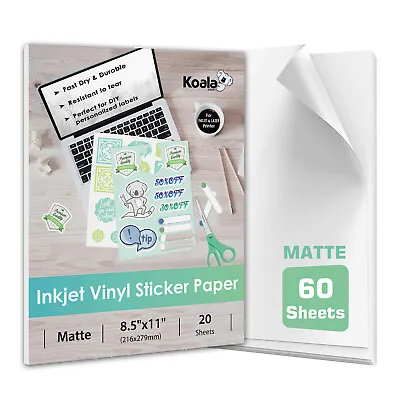 60 Koala Printable Vinyl Sticker Paper Waterproof Matte White Inkjet + Laser 8.5 • $21.99