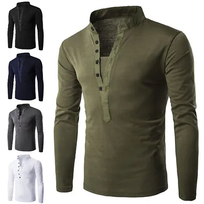 $11.74 • Buy Men Solid Color Autumn Pullover V Neck Tops Button Long Sleeve Slim Fit T-Shirt