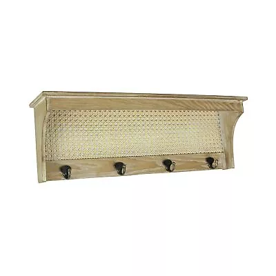 Wooden Wall Shelf With Rattan Mesh Cane Webbing And Four Metal Hooks • £54.15