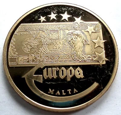 EUROPEAN BANKNOTES MALTA 10 LIRI 2003 Proof Medal 40mm 22.3g Gold Plated LL8.4 • $16.40