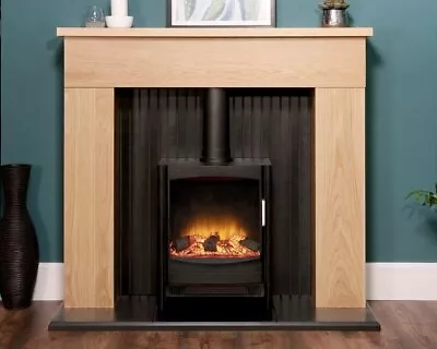 Electric Fire Stove Oak Black Modern Fireplace Led Logs Surround Suite Bnib • £547.90