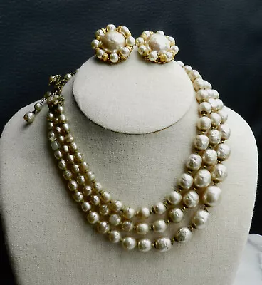 Miriam Haskell 3 Strand Faux Pearl Necklace Faux Pearl Clip Earrings AS FOUND • $66