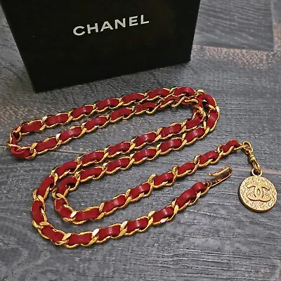 CHANEL Gold Plated & Red Leather CC Logos Charm Vintage Chain Belt #238c Rise-on • £562.56