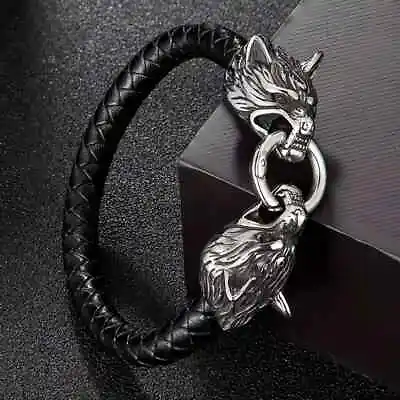 Men's Viking Wolf Head Leather Rope Bracelet • £6.95