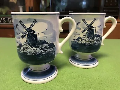 $19.95 • Buy Delft Blue Windmill Pedestal Mug/Cups Set Of 2 Aruba Souvenier Holds 8oz Painted