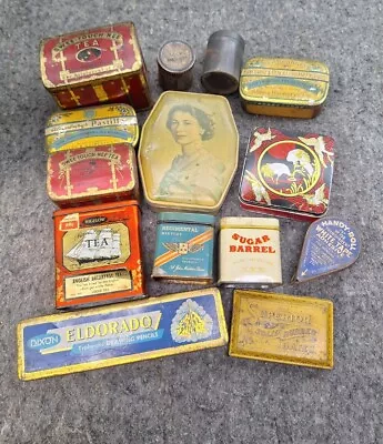 Vintage Lot Of 14 Tins Various Pencil Tea Tobacco Stamp Etc  • $98