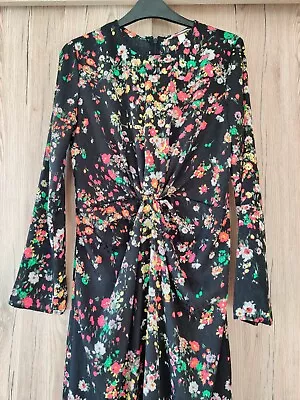 H&M Womens S Dress Knot Detail Black Floral Print Midi Long Sleeve UK10 • £7.99