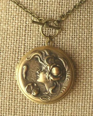 Vintage Locket Necklace Large Art Nouveau Brass Goddess Anahita Pendant • $24