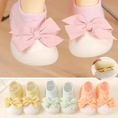 Baby Girls Newborn Infant Socks Shoes Bow Non-Slip Rubber Sole Slippers Sandals • £5.85