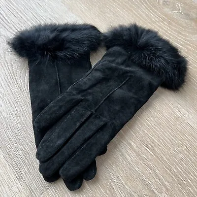 Ladies Black Suede Dress Gloves Rabbit Fur Trimed Unlined Size M/lg • $17