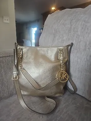 Michael Kors Gold Pebbled Leather Tassel Logo Crossbody Hand Shoulder Bag Ah • $80