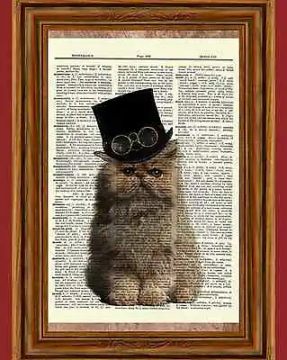 Steampunk Cat Glasses Hat Persian Dictionary Vintage Art Print Poster Picture  • $5.99