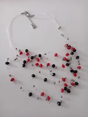 Marks And Spencer Black And Red Faceted Glass Bead Invisible Wire Necklace • £5.99